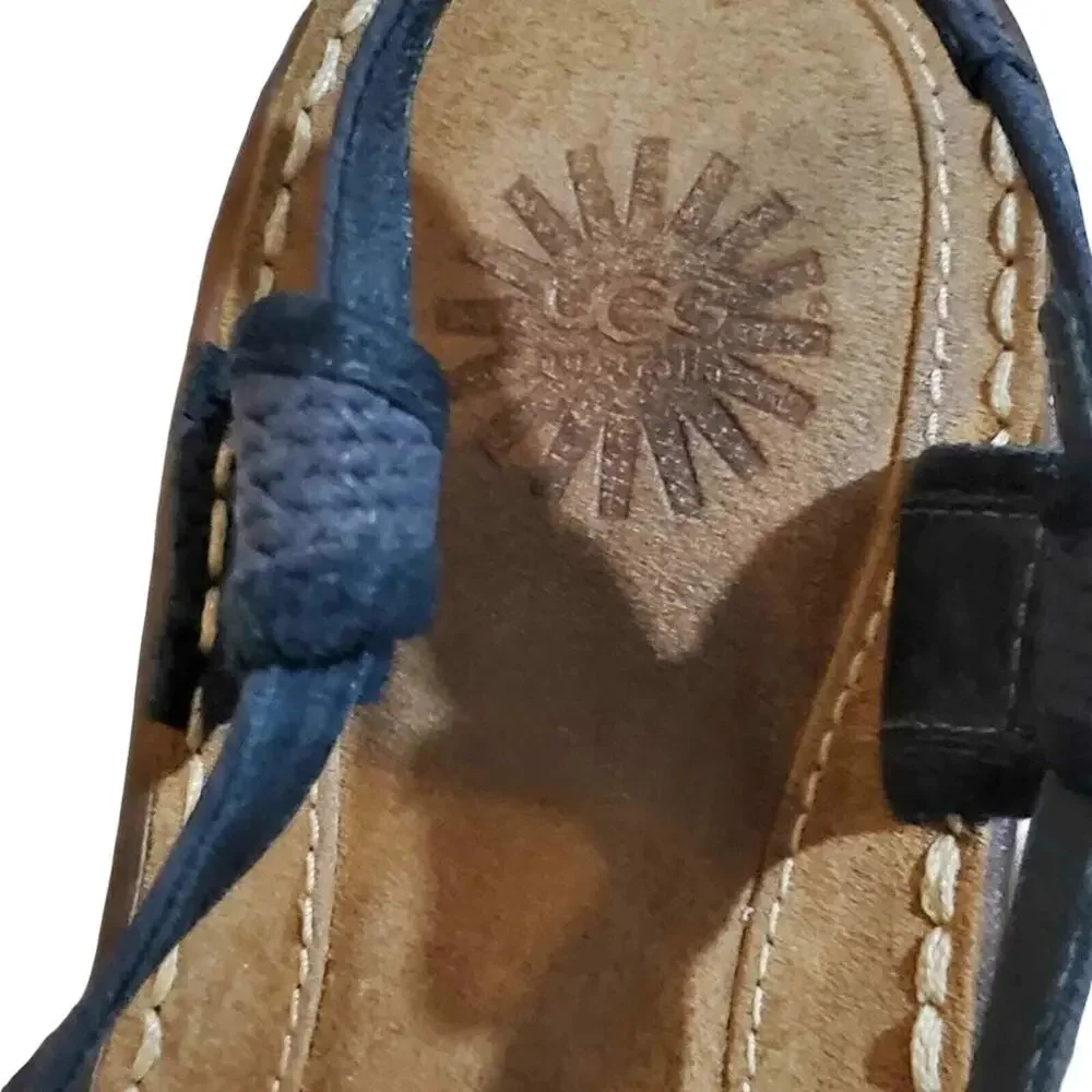 UGG Australia Womens 3146 Blue Canvas Leather Wedge Slingback Sandals Size 10